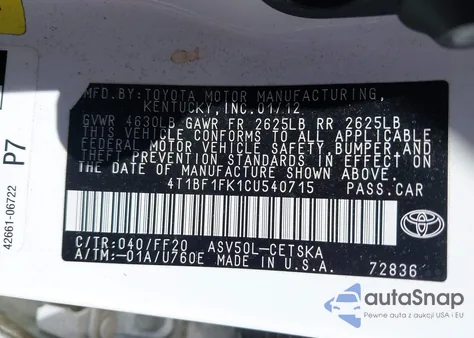 2012 Toyota Camry Se from USA, damaged, VIN 4T1BF1FK1CU540715